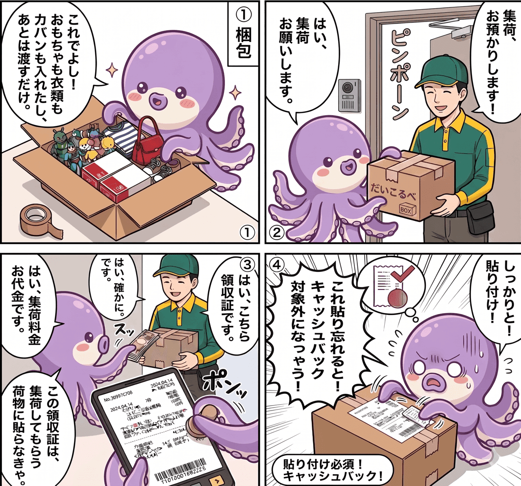 だいこるべの利用の流れを漫画形式で説明したイラスト。フォーム入力から集荷、査定・出品、売上の振込までのイメージがわかります。